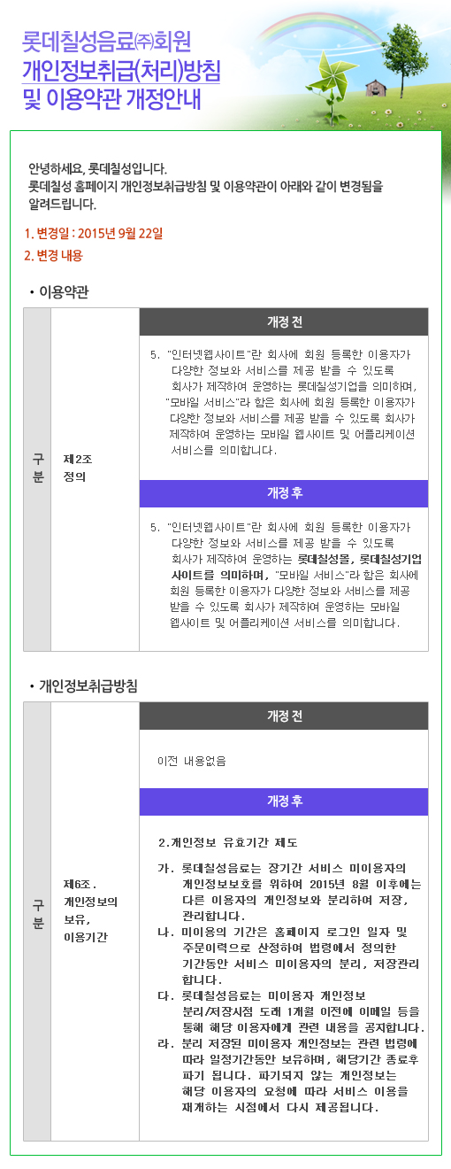 롯데칠성음료(주)회원 개인정보취급방침 및 이용약관 개정 안내
안녕하세요, 롯데칠성입니다.
롯데칠성 홈페이지 개인정보취급방침 및 이용약관이 아래와 같이 변경됨을 알려드립니다.
1. 변경일: 2015년 9월 22일
2. 변경내용
-이용약관
제2조 정의
개정전: 5. 