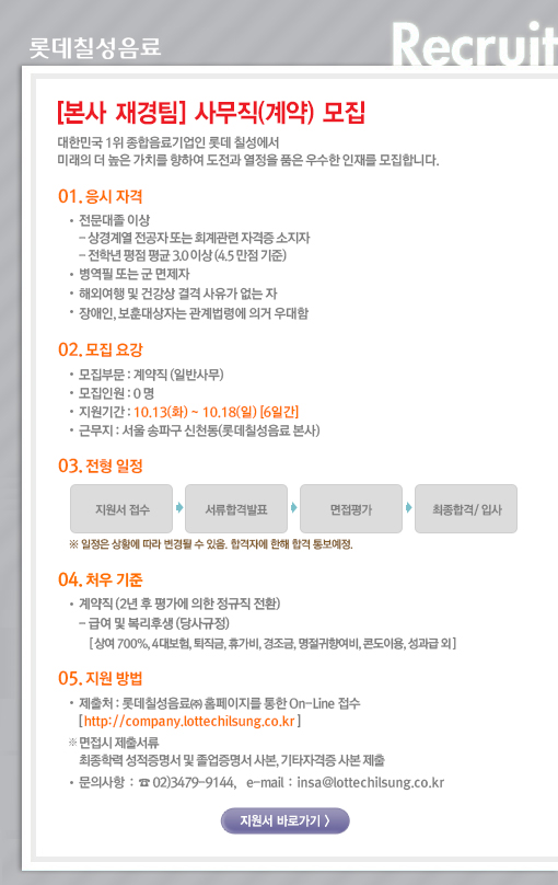 [본사 재경팀] 사무직(계약) 모집
대한민국 1위 종합음료기업인 롯데칠성에서 미래의 더 높은 가치를 향하여 도전과 열정을 품은 우수한 인재를 모집합니다. 

01. 응시자격 
전문대졸 이상 (졸업예정자 가능) 
- 상경계열 전공자 또는 회계관련 자격증 소지자 
- 평점 평균 4.5 만점 기준 3.0 이상 
병역필 또는 군 면제자 
해외여행 및 건강상 결격 사유가 없는 자 
장애인, 보훈대상자는 관계법령에 의거 우대함 

02. 모집요강 
모집부문 : 계약직 (일반사무) 
모집인원 : 0 명 
근무지 : 서울 송파구 신천동(롯데칠성음료 본사) 
지원기간 : 2015.10.13(화) ~ 10.18(일) [6일간] 

03. 전형방법 
지원서 접수 ->서류평가 -> 면접평가 -> 최종합격/입사 
※ 일정은 상황에 따라 변경될 수 있음. 합격자에 한해 합격 통보예정. 

04. 처우기준 
계약직 (2년 후 평가에 의한 정규직 전환) 
- 급여 및 복리후생 (당사규정) 
[상여 700%, 4대보험, 퇴직금, 휴가비, 경조금, 명절귀향여비, 콘도이용, 성과급 외] 

05. 지원방법 
제출처 : 롯데칠성음료㈜ 홈페이지를 통한 On-Line 접수 [ http://company.lottechilsung.co.kr ] 
※ 면접 시 제출서류 : 최종학력 성적 및 졸업증명서 사본, 기타자격증 사본 (입사지원서 기재 자격증 必) 
문의사항 : ☎ 02)3479-9144, e-mail : insa@lottechilsung.co.kr