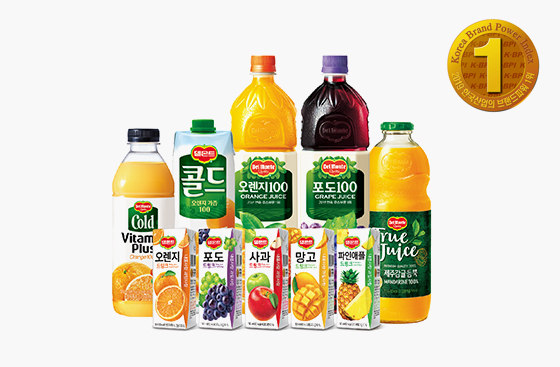 델몬트 제품 나열 사진. 오른쪽 상단에 2019 한국산업의 브랜드파워 1위 로고.