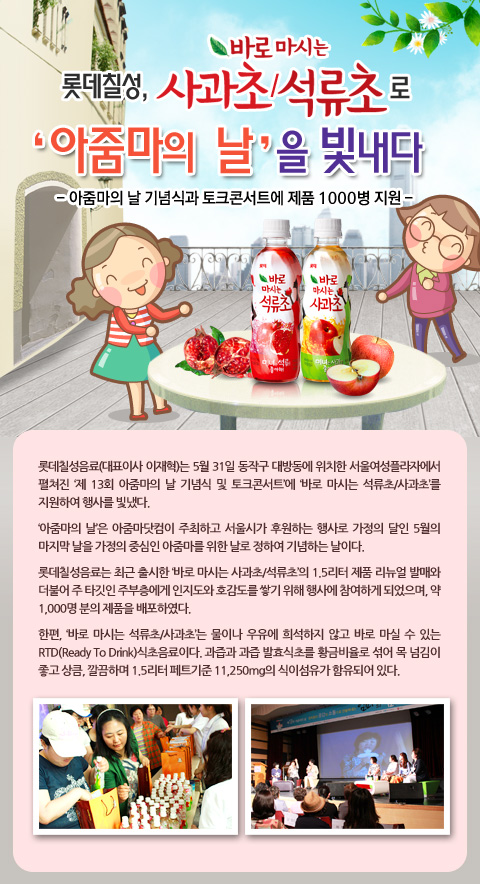 롯데칠성, 사과초/석류초로 아줌마의 날을 빛내다
- 아줌마의 날 기념식과 토크콘서트에 제품 1000병 지원

롯데칠성음료(대포이사 이재혁)가 지난 31일 서울 동작구 대방동에 위치한 서울여성플라자에서 펼쳐진 제13회 아줌마의 날 기념식 및 토크콘서트에서 바로 마시는 석류초/사과초를 지원하여 행사를 빛냈다.

아줌마의 날은 아줌마닷컴이 주최하고 서울시가 후원하는 행사로 가정의 달인 5월의 마지막 날을 가정의 중심인 아줌마를 위한 날로 정하여 기념하는 날이다.

롯데칠성음료는 최근 출시한 바로 마시는 사과초/석류초의 1.5리터 제품 리뉴얼 발매와 더불어 주부층에게 인지도와 호감도를 쌓기 위해 행사에 참여하게 되었으며, 약 1000명분의 제품을 배포했다.

한편, 바로 마시는 석류초/사과초는 물이나 우유에 희석하지 않고 바로 마실 수 있는 RTD(Ready To Drink) 식초 음료이다. 과즙과 과즙 발효식초를 섞어 목 넘김이 좋고 상큼, 깔끔하며 1.5리터 페트병 기준으로 1만1250mg의 식이섬유가 함유되어 있다.